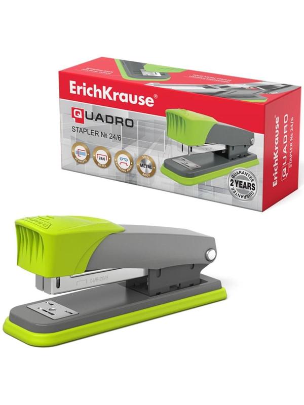 Степлер ErichKrause Quadro Half-strip № 24/6, до 30 листов, антистеплер, серо-зелёный