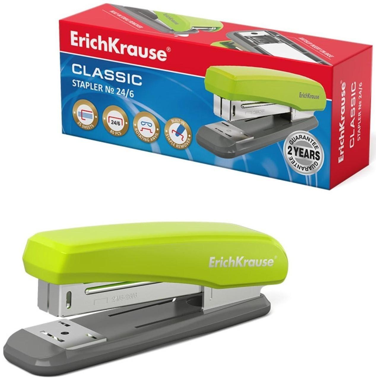 Степлер ErichKrause Classic, № 24/6, до 25 листов, антистеплер, резиновая противоскользящая вставка, серо-зелёный