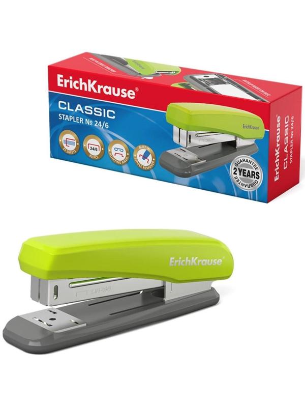 Степлер ErichKrause Classic, № 24/6, до 25 листов, антистеплер, резиновая противоскользящая вставка, серо-зелёный