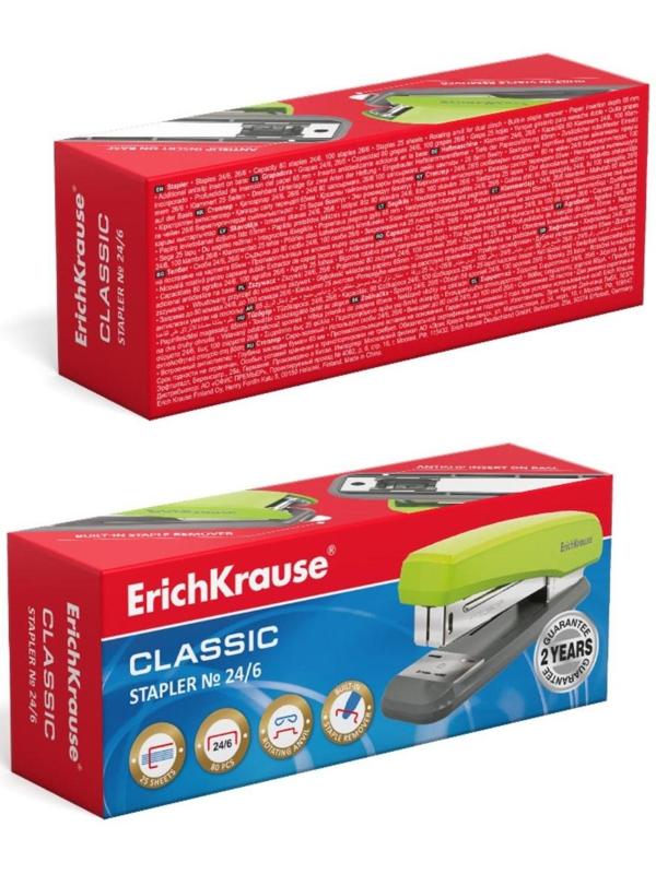Степлер ErichKrause Classic, № 24/6, до 25 листов, антистеплер, резиновая противоскользящая вставка, серо-зелёный