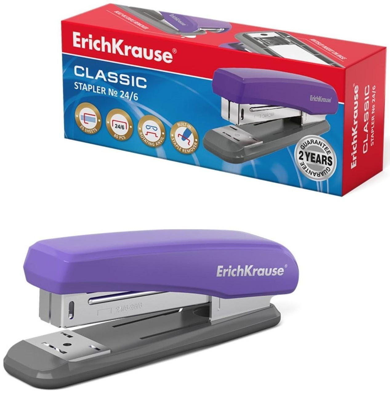 Степлер ErichKrause Quadro, № 24/6, до 25 листов, антистеплер, вмещает до 80 скоб № 24/6 и до 100 скоб № 26/6, глубина закладки бумаги до 65 мм, резиновая противоскользящая вставка, серо-фиолетовый