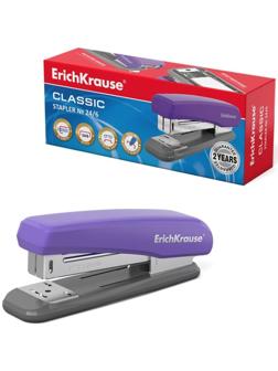 Степлер ErichKrause Quadro, № 24/6, до 25 листов, антистеплер, вмещает до 80 скоб № 24/6 и до 100 скоб № 26/6, глубина закладки бумаги до 65 мм, резиновая противоскользящая вставка, серо-фиолетовый