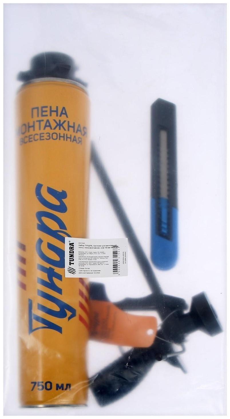 Набор ТУНДРА, пистолет для монтажной пены, пена монтажная, нож 18 мм
