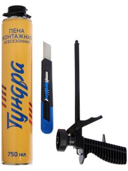 Набор ТУНДРА, пистолет для монтажной пены, пена монтажная, нож 18 мм