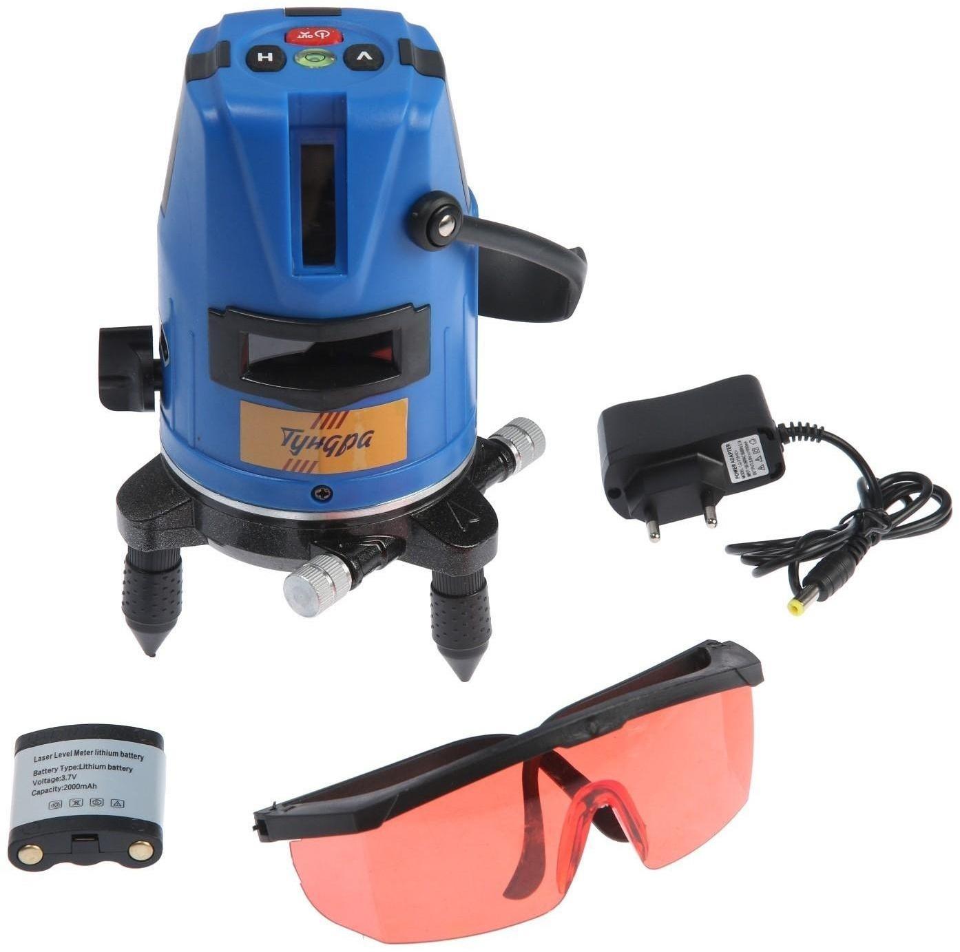 Уровень лазерный ТУНДРА, самовыравнивающийся, подставка, 2 луча, очки, зарядка, кейс
