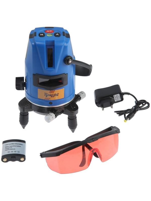 Уровень лазерный ТУНДРА, самовыравнивающийся, подставка, 2 луча, очки, зарядка, кейс