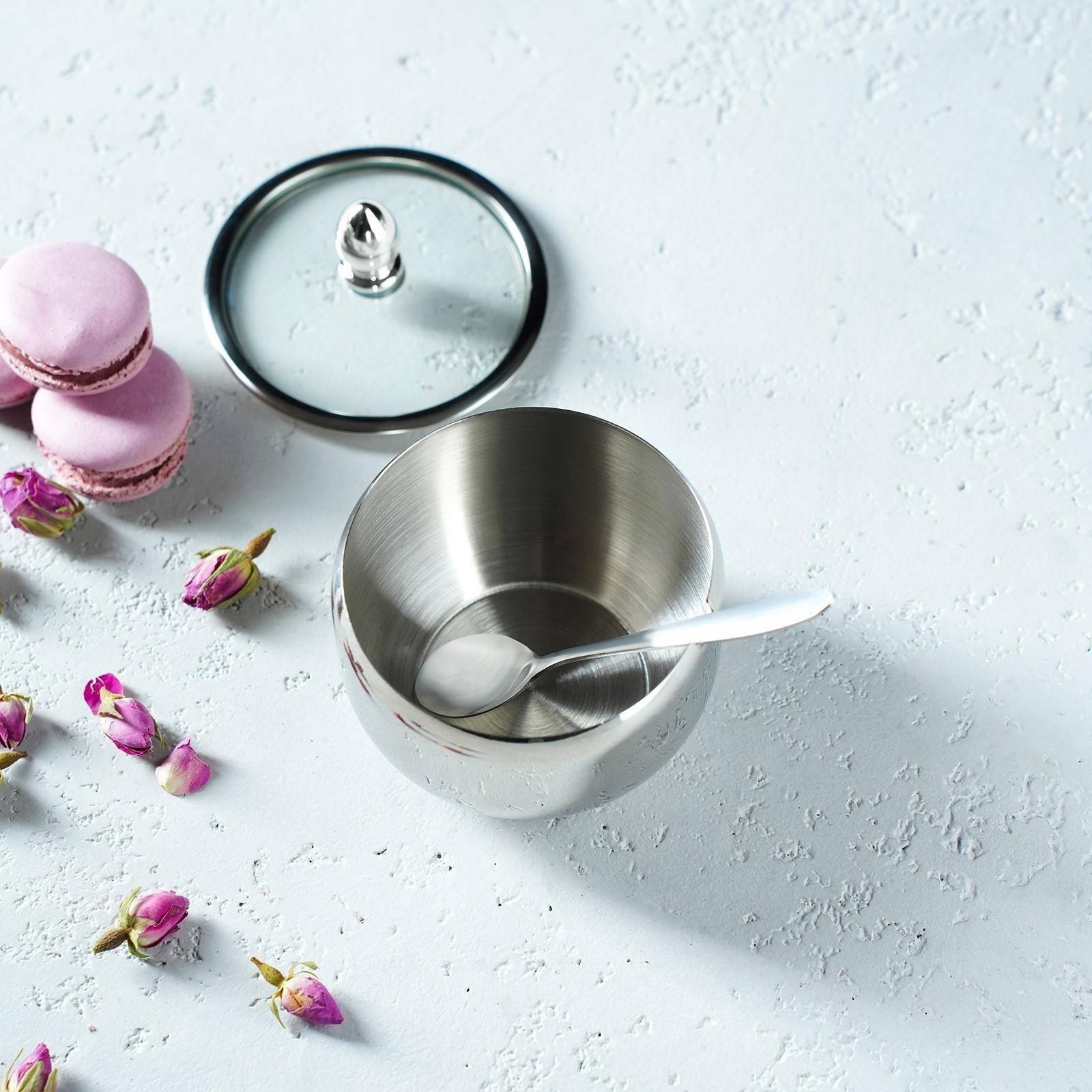 Сахарница из нержавеющей стали с крышкой и ложкой, 250 мл, 8,5×10 см, цвет серебряный