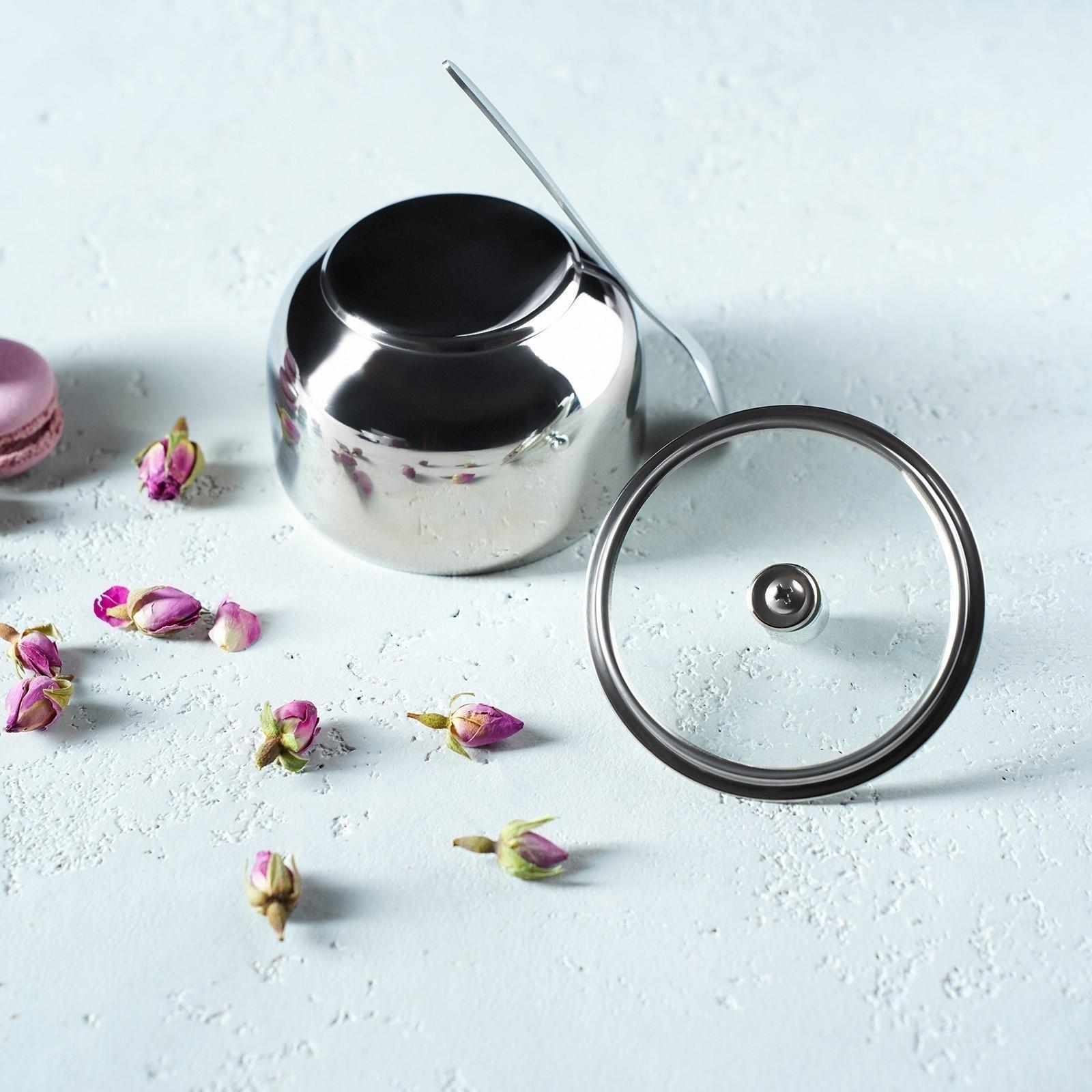 Сахарница из нержавеющей стали с крышкой и ложкой, 250 мл, 8,5×10 см, цвет серебряный