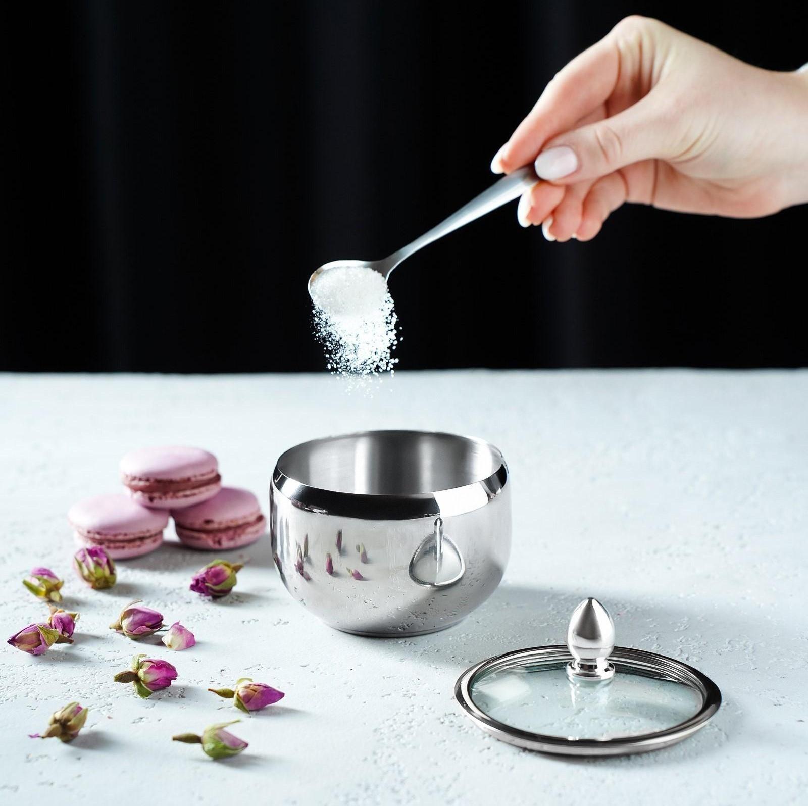 Сахарница из нержавеющей стали с крышкой и ложкой, 250 мл, 8,5×10 см, цвет серебряный