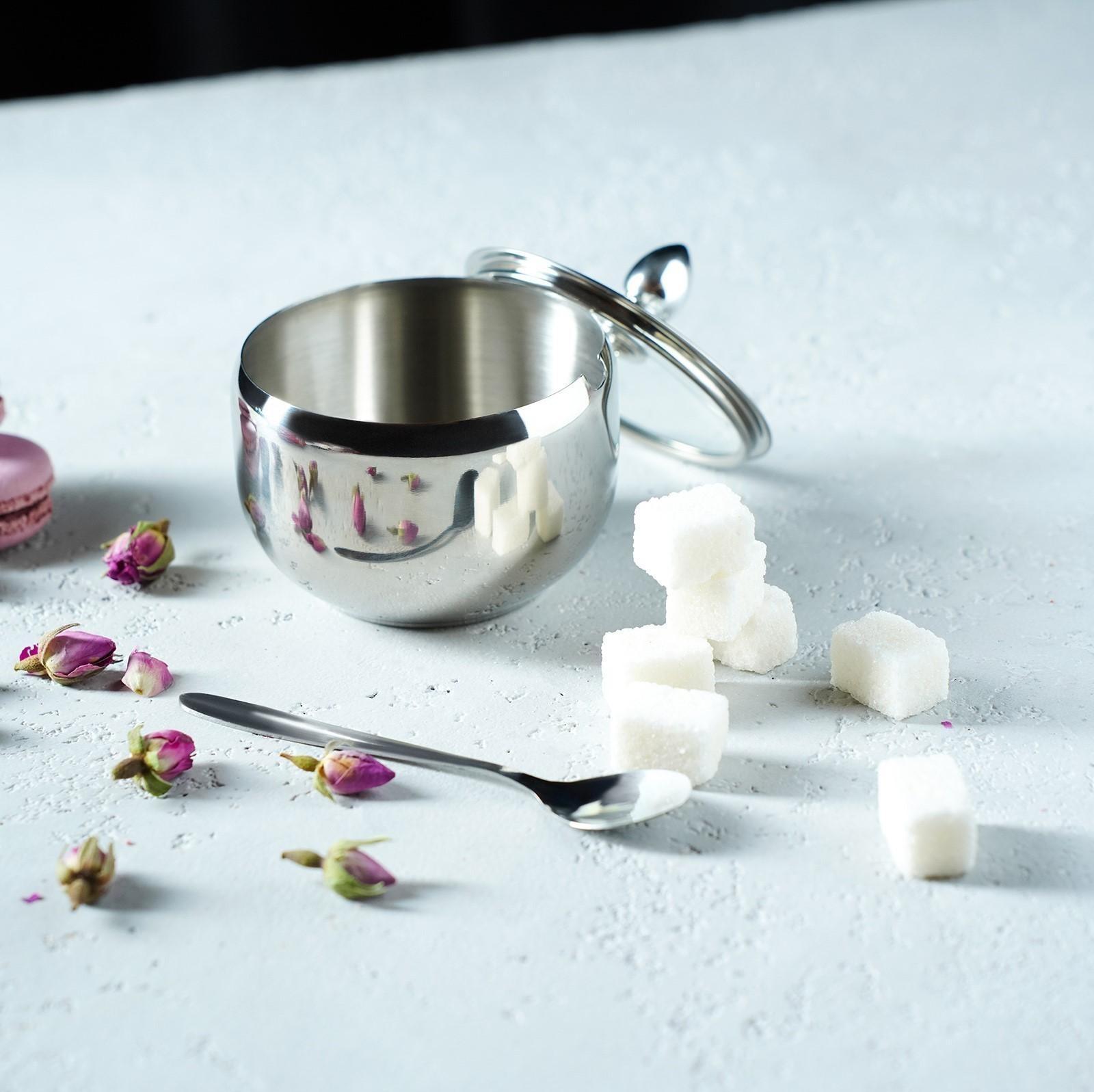 Сахарница из нержавеющей стали с крышкой и ложкой, 250 мл, 8,5×10 см, цвет серебряный