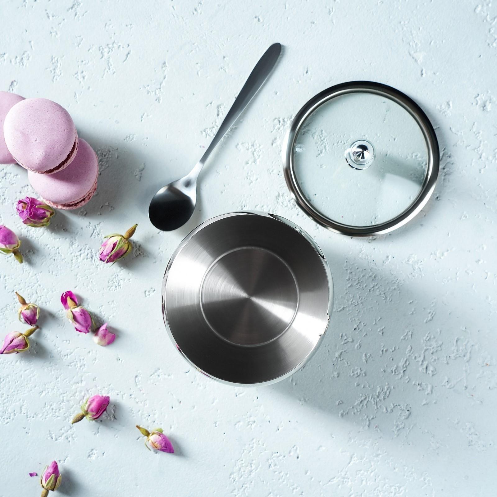 Сахарница из нержавеющей стали с крышкой и ложкой, 250 мл, 8,5×10 см, цвет серебряный