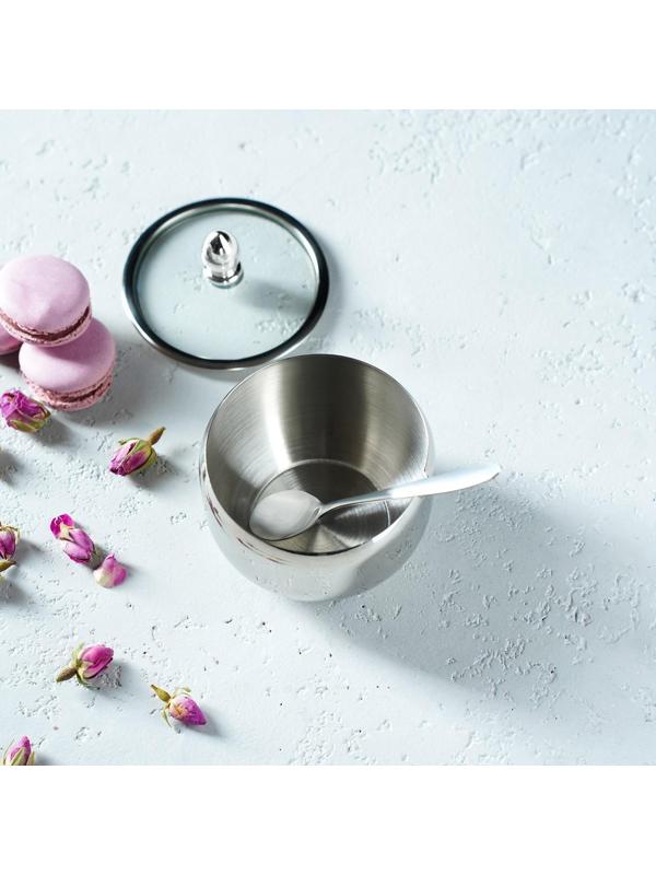 Сахарница из нержавеющей стали с крышкой и ложкой, 250 мл, 8,5×10 см, цвет серебряный