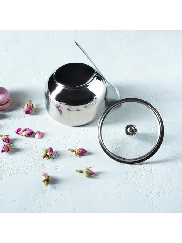 Сахарница из нержавеющей стали с крышкой и ложкой, 250 мл, 8,5×10 см, цвет серебряный