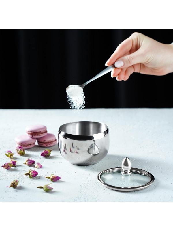 Сахарница из нержавеющей стали с крышкой и ложкой, 250 мл, 8,5×10 см, цвет серебряный