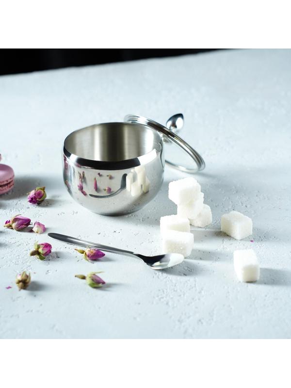 Сахарница из нержавеющей стали с крышкой и ложкой, 250 мл, 8,5×10 см, цвет серебряный