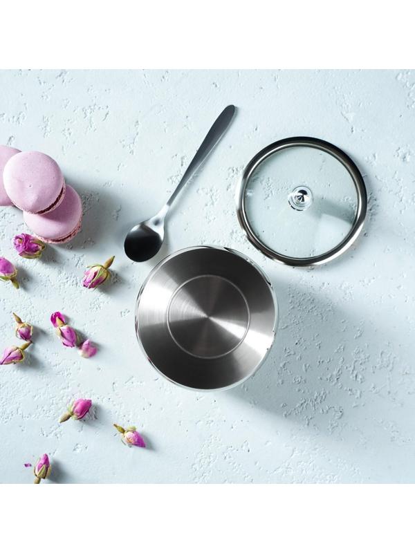 Сахарница из нержавеющей стали с крышкой и ложкой, 250 мл, 8,5×10 см, цвет серебряный