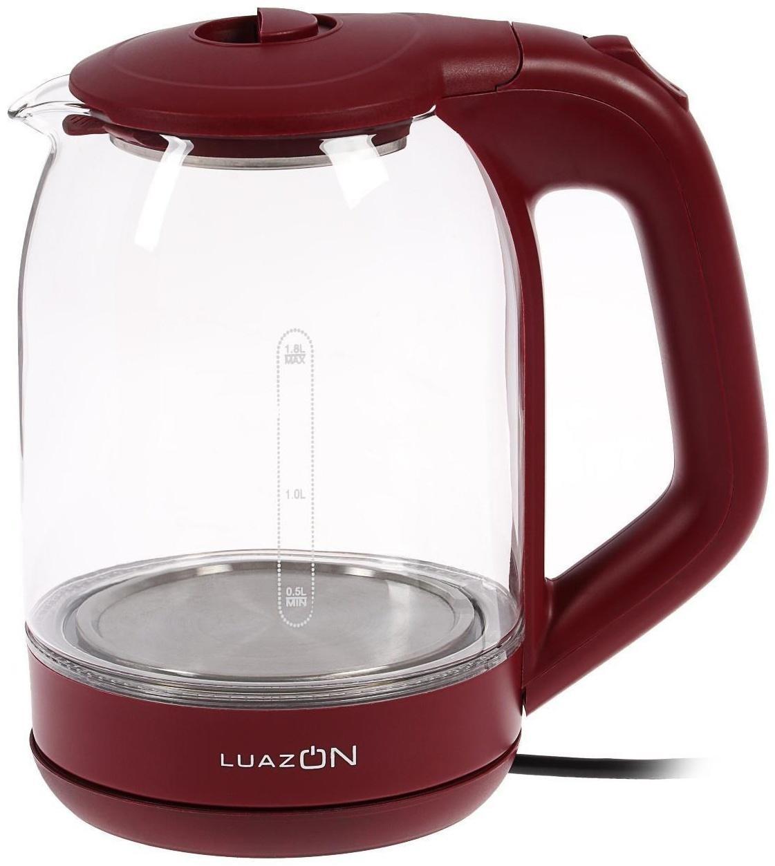 Чайник электрический LuazON LSK-1809, стекло, 1.8 л, 1500 Вт, подсветка, красный