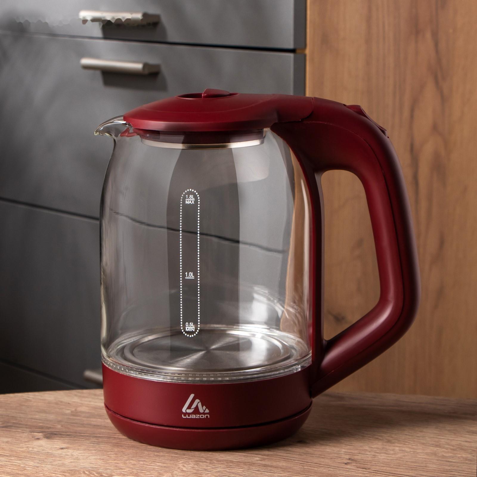 Чайник электрический LuazON LSK-1809, стекло, 1.8 л, 1500 Вт, подсветка, красный