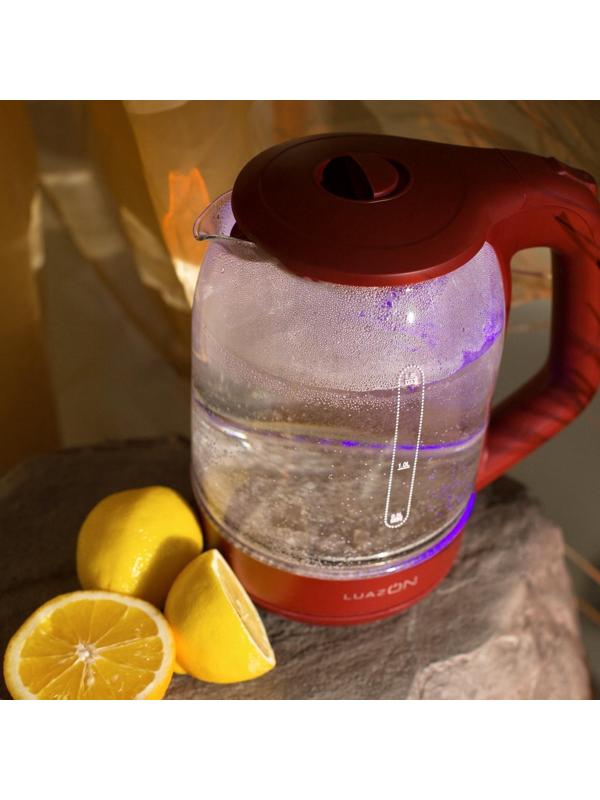 Чайник электрический LuazON LSK-1809, стекло, 1.8 л, 1500 Вт, подсветка, красный