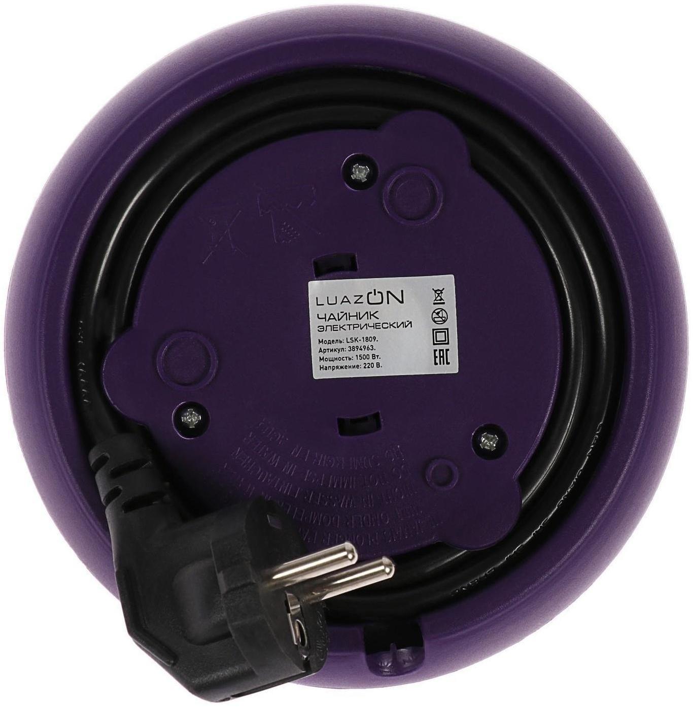 Чайник электрический LuazON LSK-1809, стекло, 1.8 л, 1500 Вт, подсветка, фиолетовый