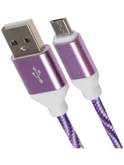 Кабель LuazON, microUSB - USB, 1 А, 1 м, оплётка нейлон, бело-фиолетовый