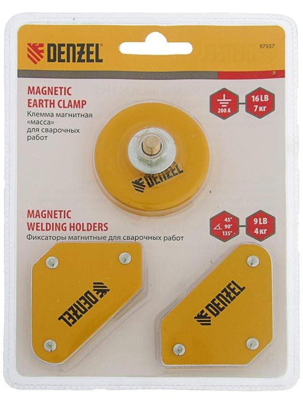 Набор магнитных угольников и магнитной клеммы Denzel 97557, усилие 4кг/7кг, 45/90/135°, 200А