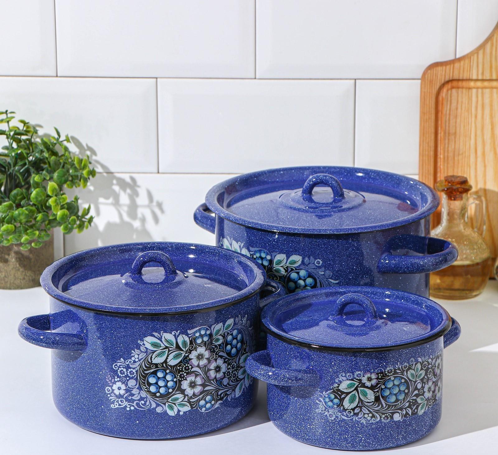 Набор кастрюль «Голубика», 3 предмета: 1,5 л, 2,9 л, 4,5 л, эмалированные крышки, индукция, цвет синий