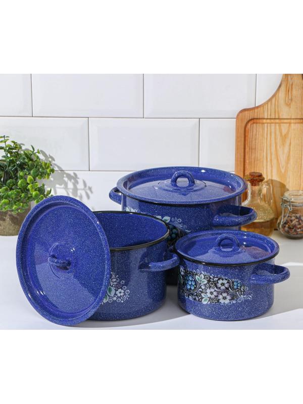 Набор кастрюль «Голубика», 3 предмета: 1,5 л, 2,9 л, 4,5 л, эмалированные крышки, индукция, цвет синий