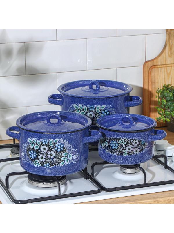Набор кастрюль «Голубика», 3 предмета: 1,5 л, 2,9 л, 4,5 л, эмалированные крышки, индукция, цвет синий