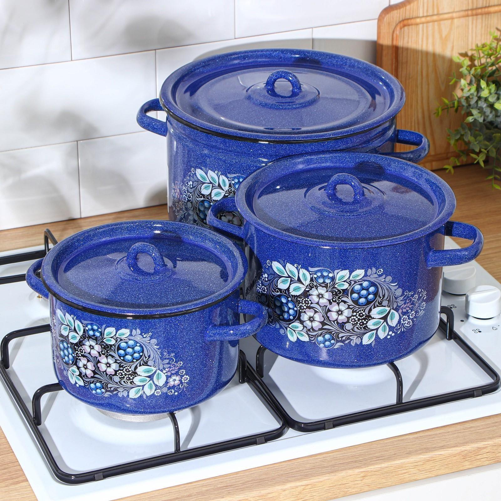 Набор кастрюль «Голубика», 3 предмета: 2,9 л, 4,5 л, 7 л, индукция, цвет синий