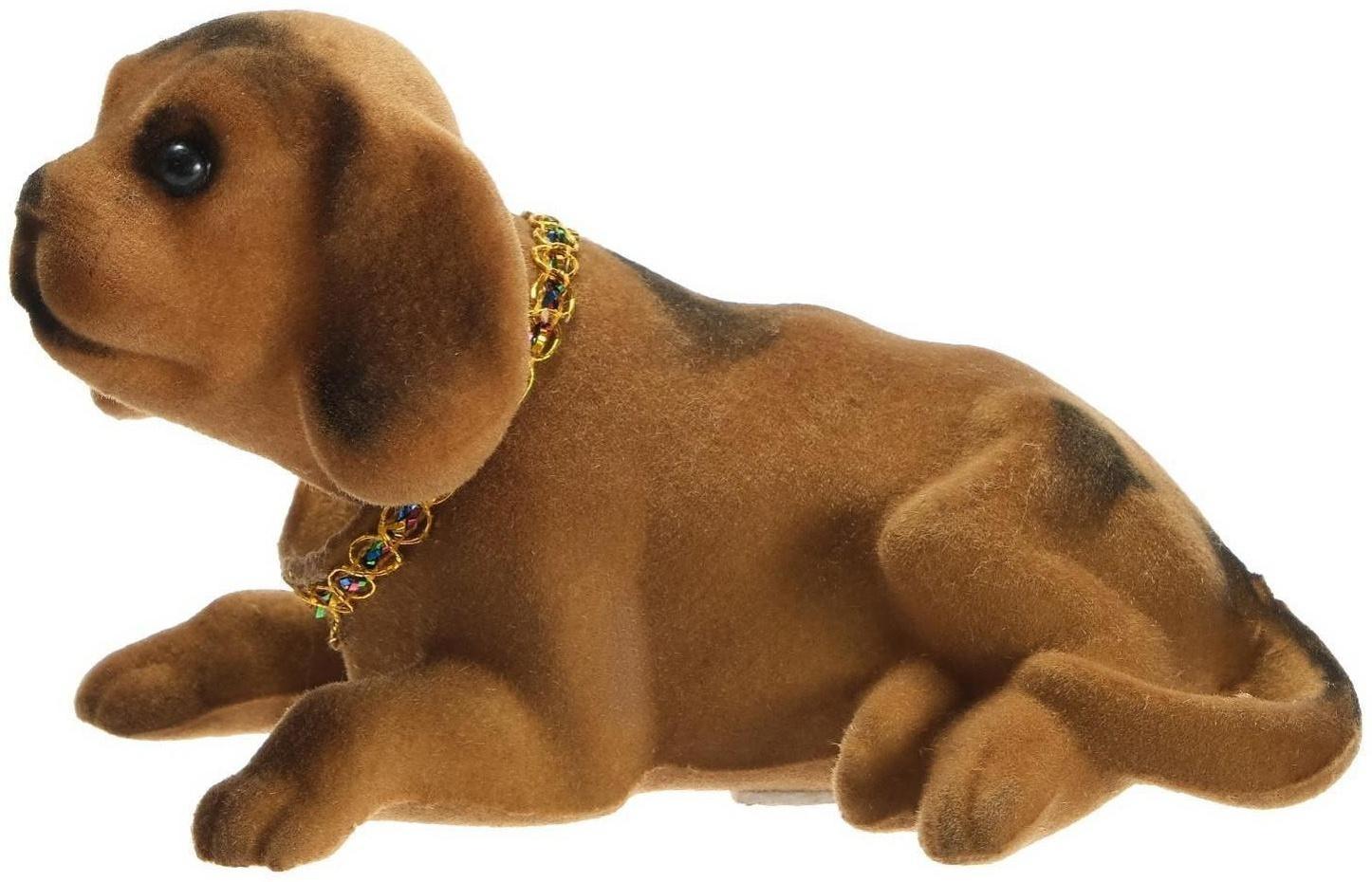 Собака на панель авто, качающая головой, большая, бежевый окрас