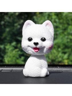 Собака на панель авто, качающая головой, шпиц