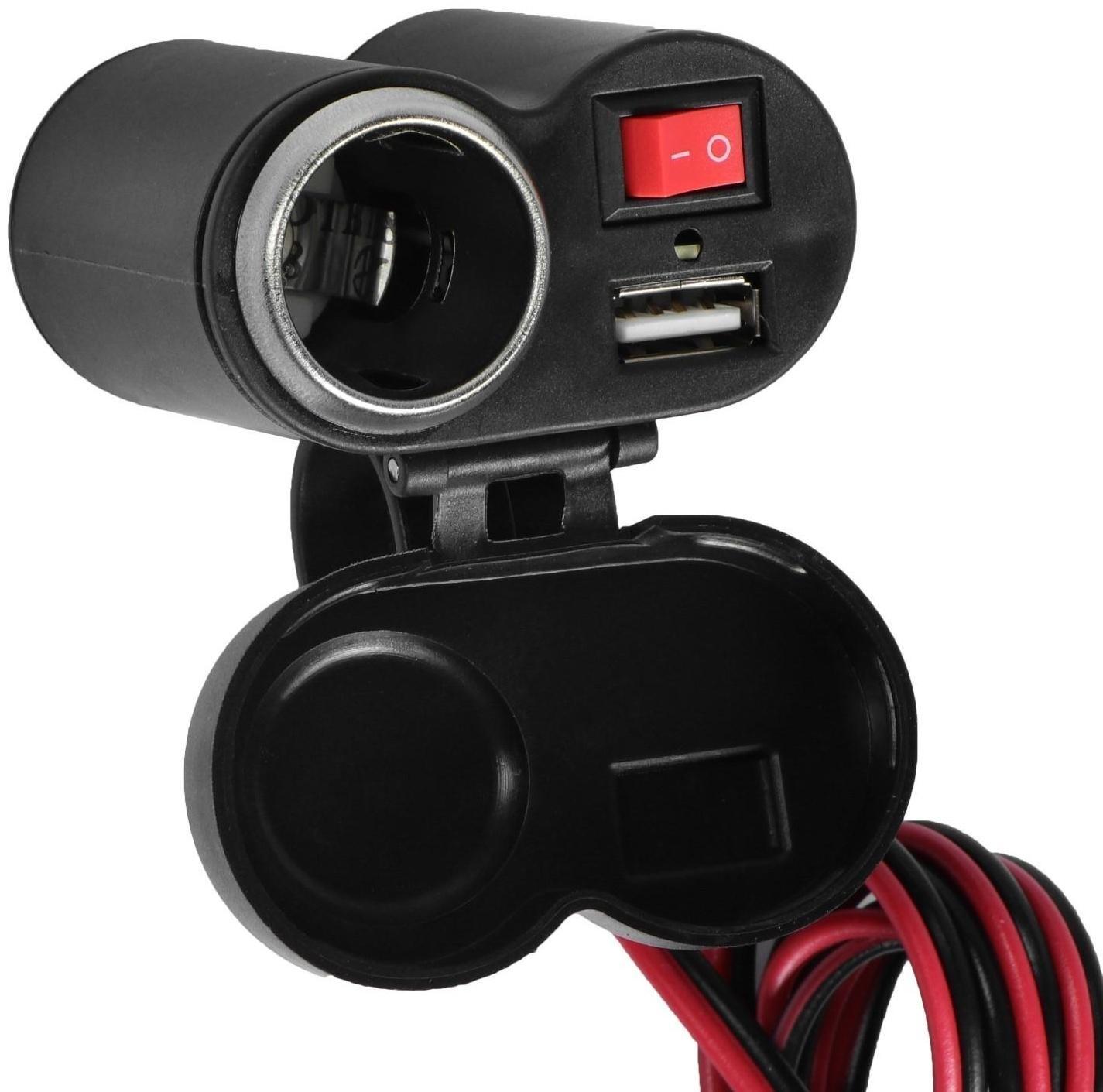 Зарядное устройство с тумблером на руль мотоцикла, USB + прикуриватель, провод 120 см