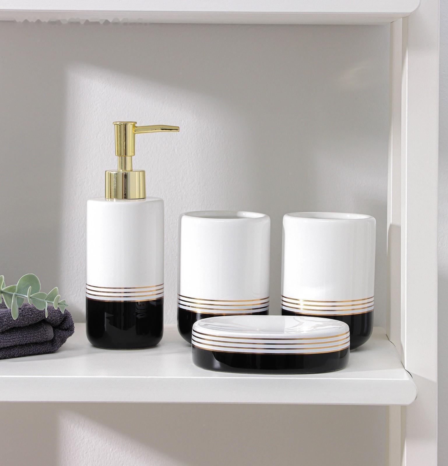 Набор аксессуаров для ванной комнаты «Лили», 4 предмета (дозатор 300 мл, мыльница, 2 стакана), цвет бело-чёрный