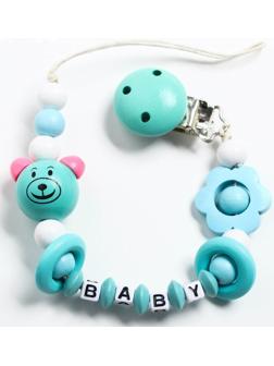 Держатель для пустышки «Мишка», дерев., цвет бирюзовый