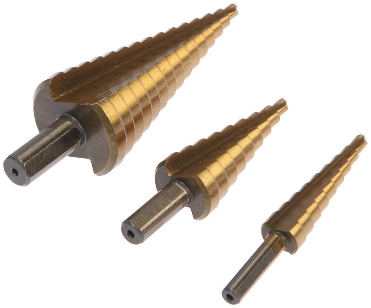 Набор сверл ступенчатых ТУНДРА, HSS, TiN, трехгр. хвост., 4-12 мм, 4-20 мм, 4-32 мм, 3 шт.