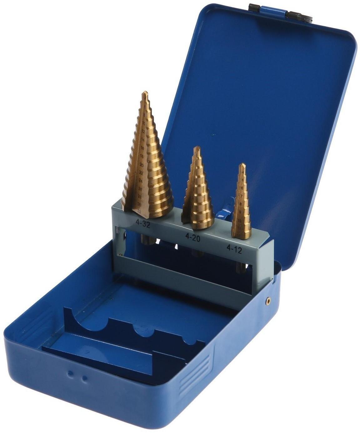 Набор сверл ступенчатых ТУНДРА, HSS, TiN, трехгр. хвост., 4-12 мм, 4-20 мм, 4-32 мм, 3 шт.