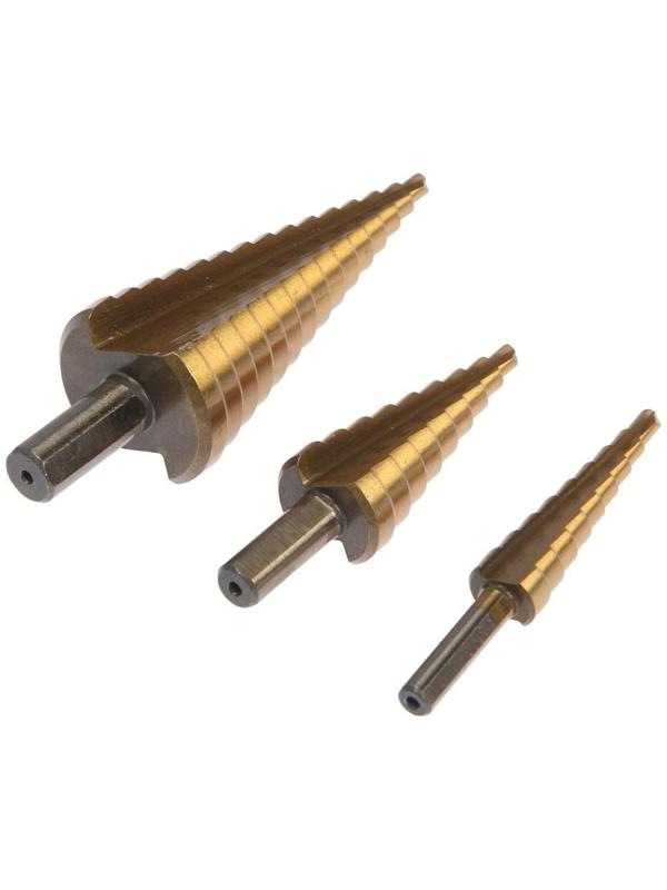 Набор сверл ступенчатых ТУНДРА, HSS, TiN, трехгр. хвост., 4-12 мм, 4-20 мм, 4-32 мм, 3 шт.