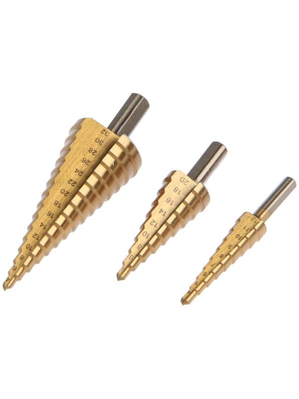 Набор сверл ступенчатых ТУНДРА, HSS, TiN, трехгр. хвост., 4-12 мм, 4-20 мм, 4-32 мм, 3 шт.