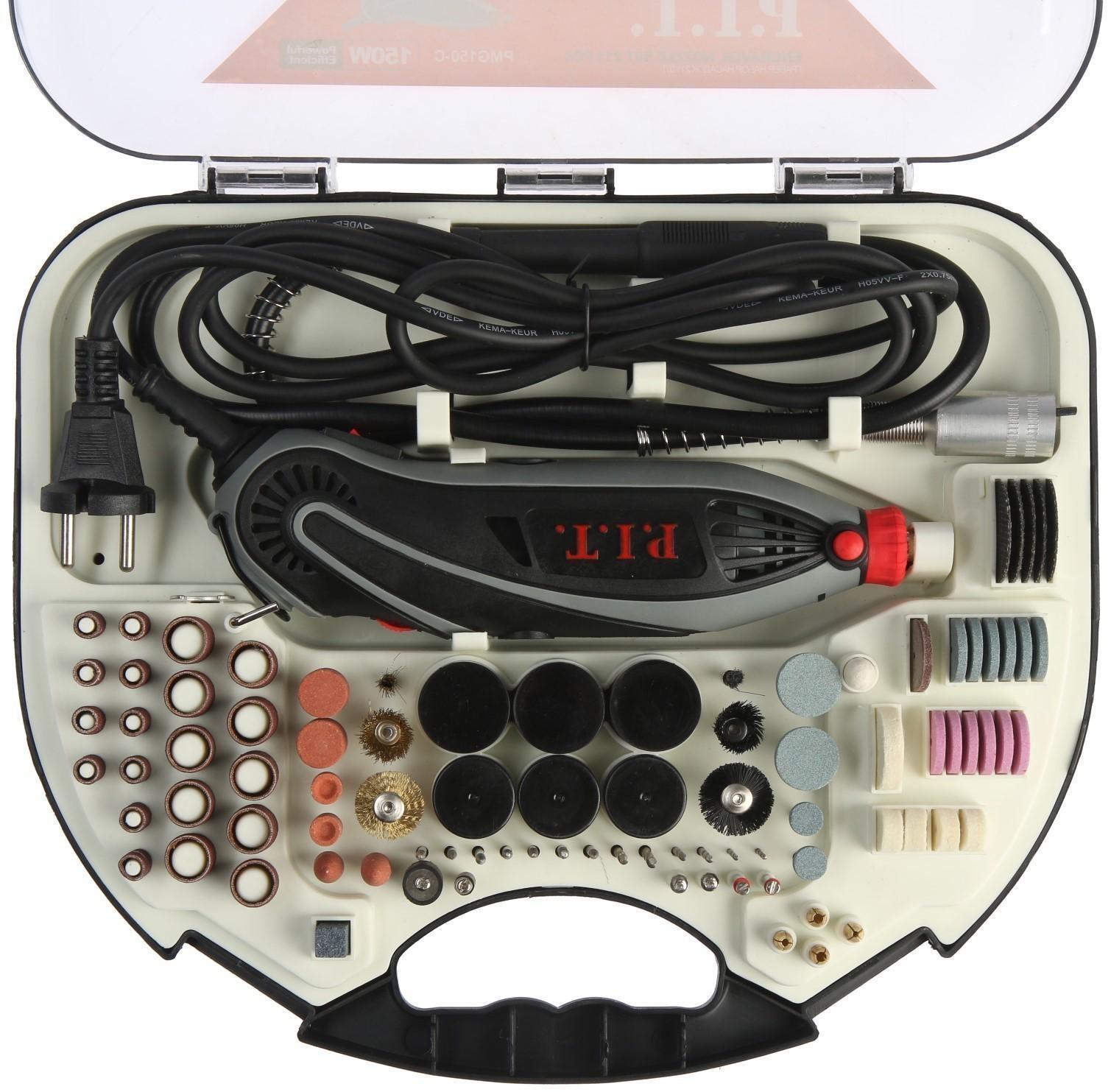 Гравер P.I.T. PMG150-С PRO, 150 Вт, гибкий вал, цанга 3.2 мм, 33000 об/мин, 211 предметов