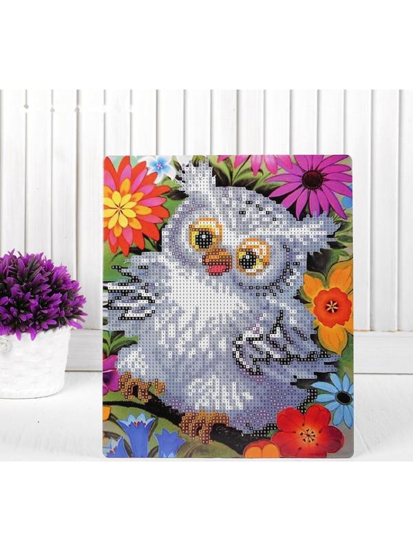 Алмазная вышивка с частичным заполнением «Сова в цветах» с подставкой