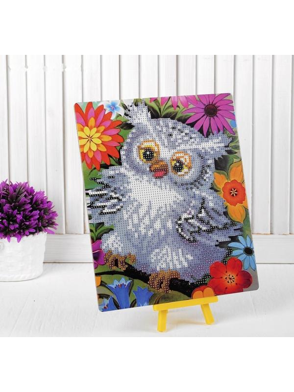 Алмазная вышивка с частичным заполнением «Сова в цветах» с подставкой