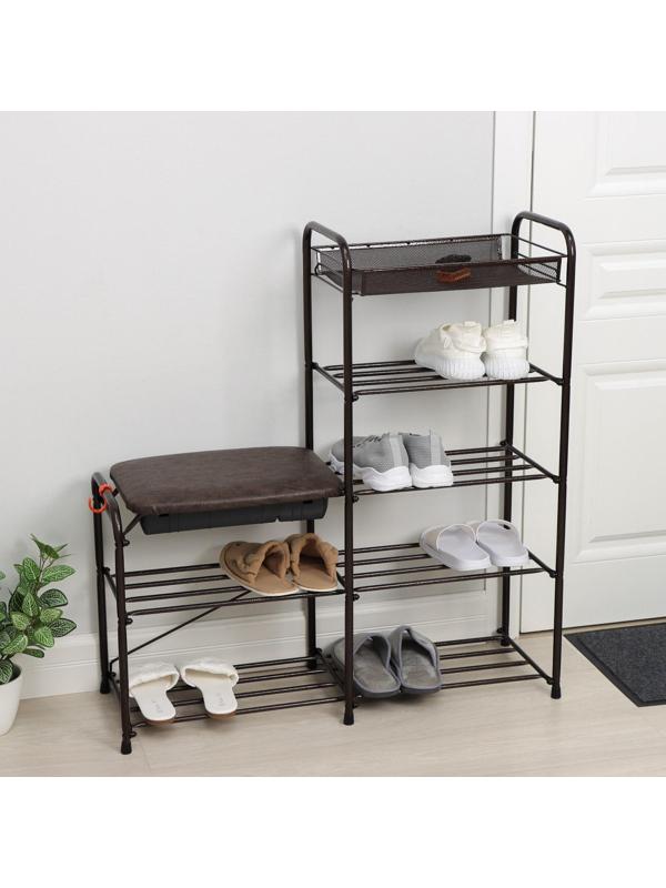 Подставка для обуви с сиденьем и ящиком, 5 ярусов, 88,4×29,8×94,5 см, цвет медный антик