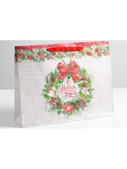 Пакет крафтовый горизонтальный «Спешу поздравить с Новым годом», L 40 × 31 × 9 см