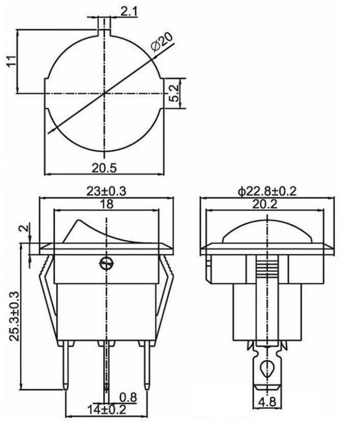 Клавишный выключатель круглый, 250 В, 6 А, ON-OFF, 3с, красный, с подсветкой