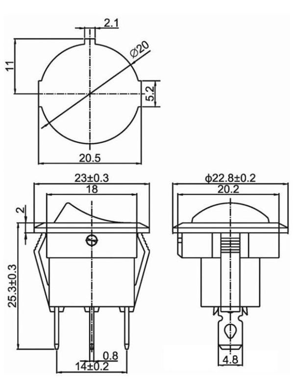 Клавишный выключатель круглый, 250 В, 6 А, ON-OFF, 3с, красный, с подсветкой