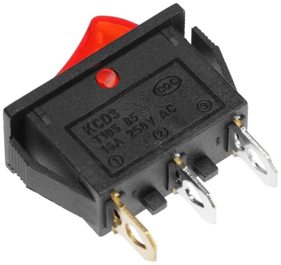 Клавишный выключатель, 250 В, 15 А, ON-OFF, 3с, красный, с подсветкой