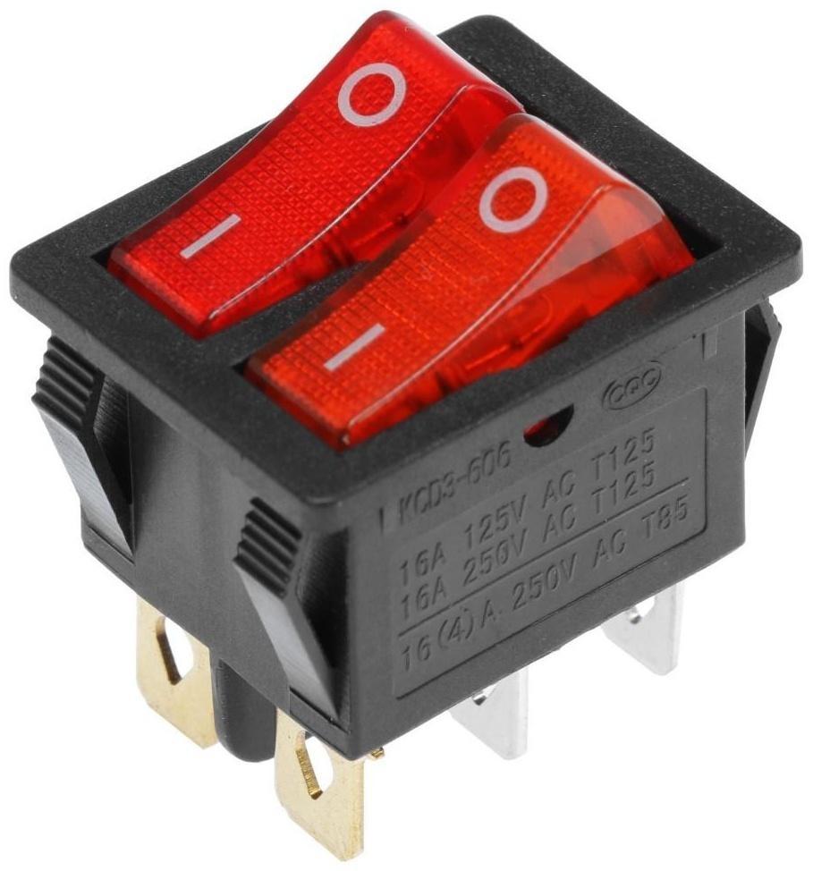 Клавишный выключатель двойной, 250 В, 15 А, ON-OFF, 6с, красный, с подсветкой