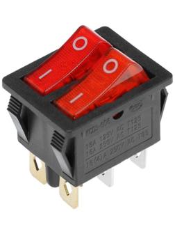 Клавишный выключатель двойной, 250 В, 15 А, ON-OFF, 6с, красный, с подсветкой