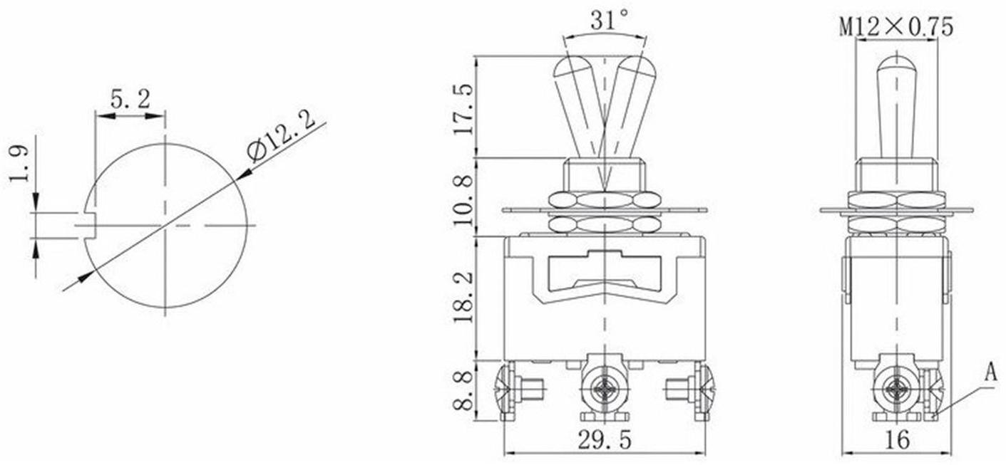 Тумблер, 250 В, 15 А, ON-ON, 3с